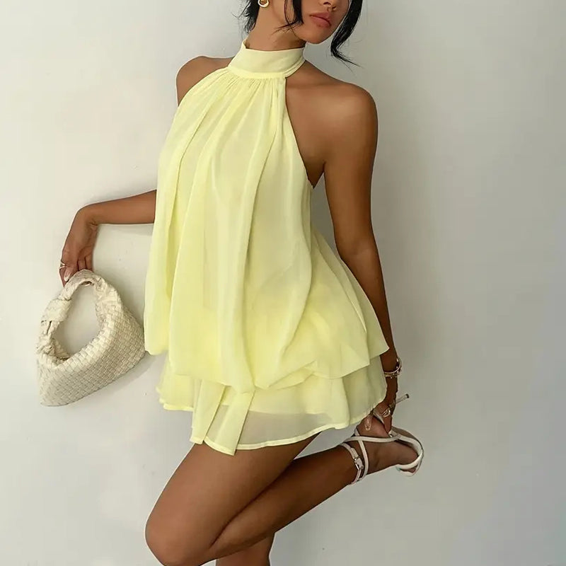 Women's Elegant Halter Mini Dress With Bow Tie Detail Ruffled Design Backless A-Line Summer Dress For Daily & Formal Wear