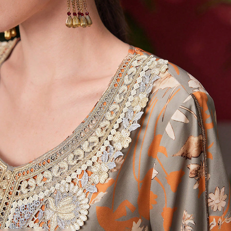 Women's Elegant Plus Size Floral Print Maxi Dress - Middle Eastern Bohemian Style Embroidery Long Dress