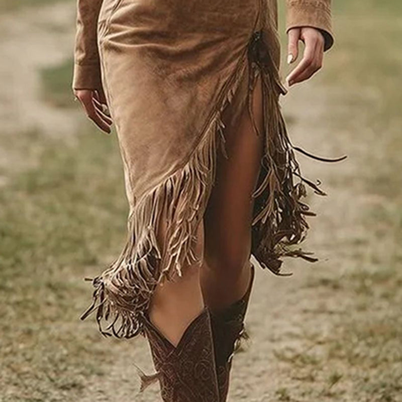 Women's Solid Color Fringe Dress Lapel Collar Half-Zip Bodycon Midi Dress With High Slit For Spring Fall