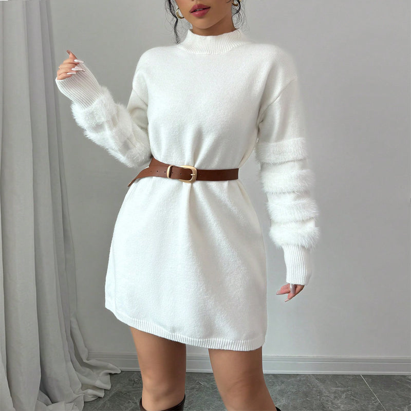 Women's Plush Long Sleeve Mini Dress, Solid Color A-Line Fitted Dress With Faux Fur Trim For Winter Parties