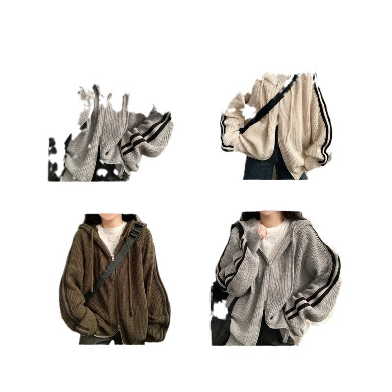 Fashion Temperament Leisure Drawstring Hooded Knit Cardigan Ladies