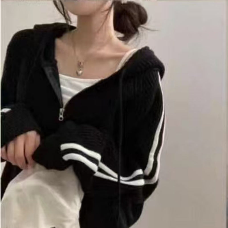 Fashion Temperament Leisure Drawstring Hooded Knit Cardigan Ladies