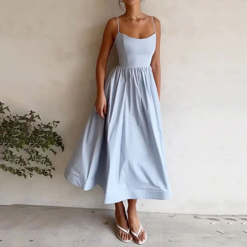 Women's Elegant Sleeveless A-Line Slip Dress, Resort Wear, Sexy Solid Color Long Formal Casual Dress With Low Neckline