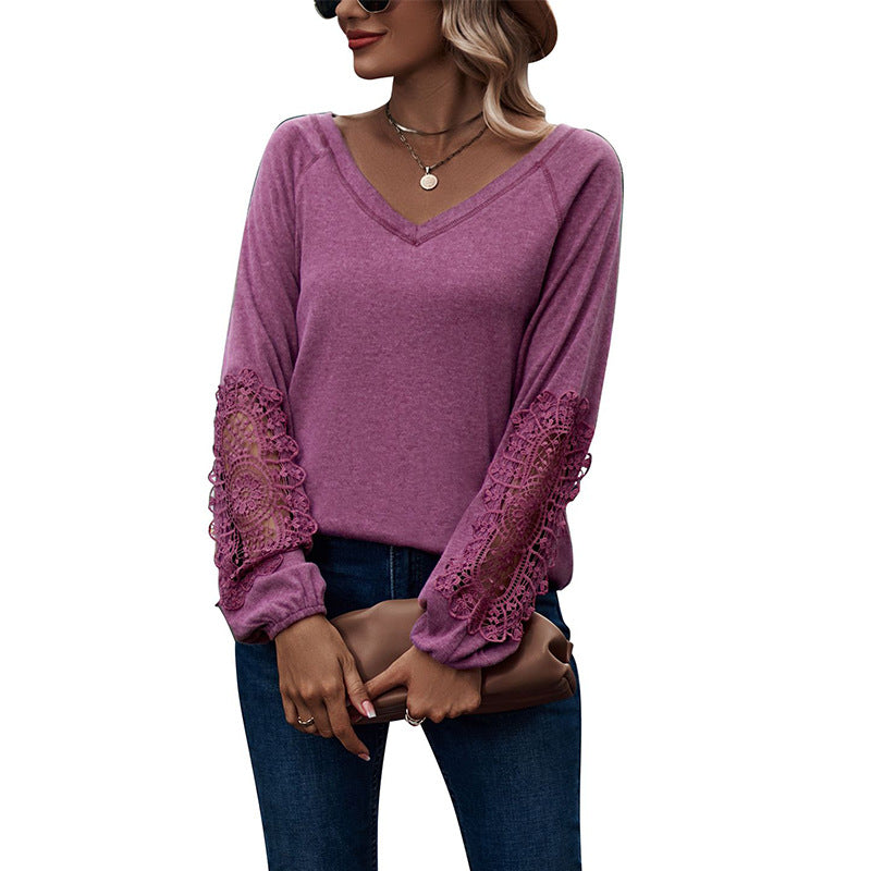 Loose Casual V-neck Lace Lace Long-sleeved