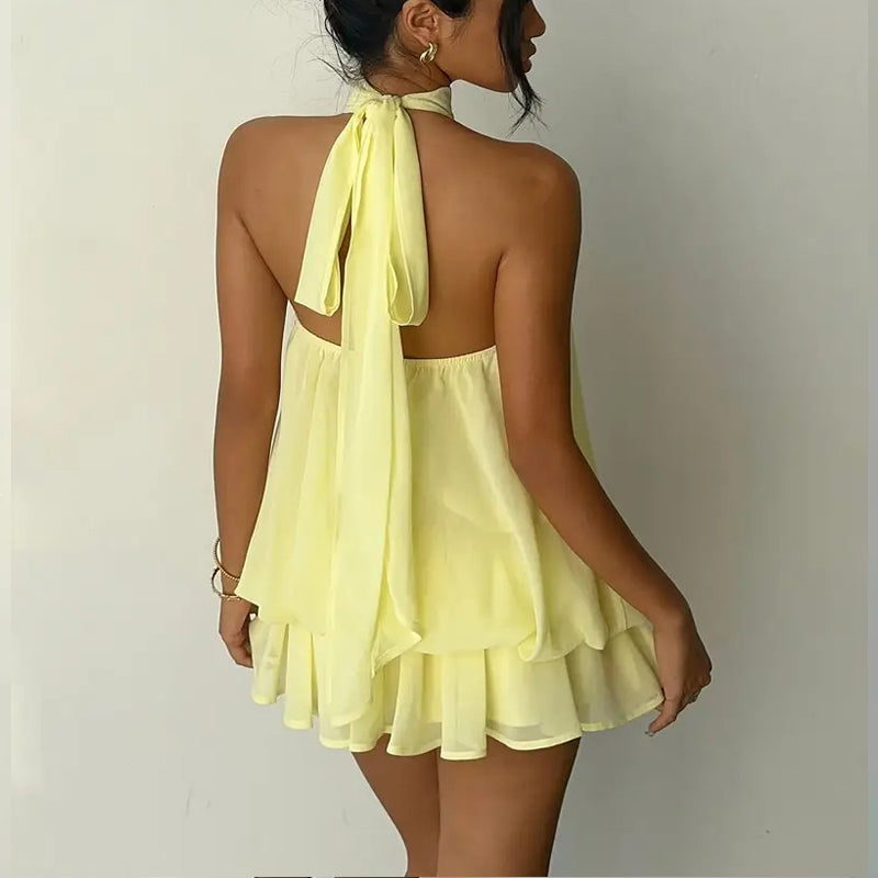 Women's Elegant Halter Mini Dress With Bow Tie Detail Ruffled Design Backless A-Line Summer Dress For Daily & Formal Wear
