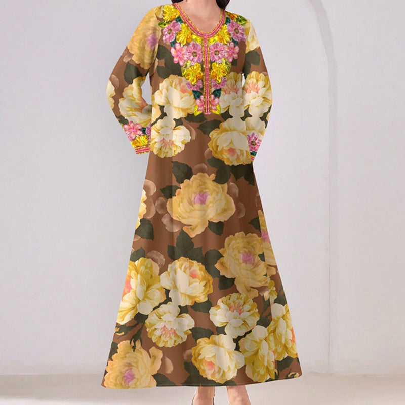 Women's Vibrant Floral Print V-Neck Long Sleeve Maxi Dress Elegant Bohemian A-Line Long Dress
