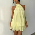 Women's Elegant Halter Mini Dress With Bow Tie Detail Ruffled Design Backless A-Line Summer Dress For Daily & Formal Wear