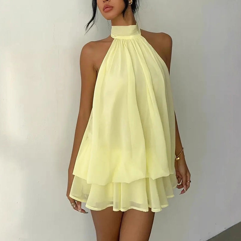 Women's Elegant Halter Mini Dress With Bow Tie Detail Ruffled Design Backless A-Line Summer Dress For Daily & Formal Wear