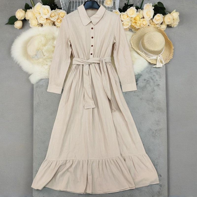 Elegant Women's Fall Dress, Polo Collar Long Sleeve Shirt Dress With Ruffle Tiered Maxi Design