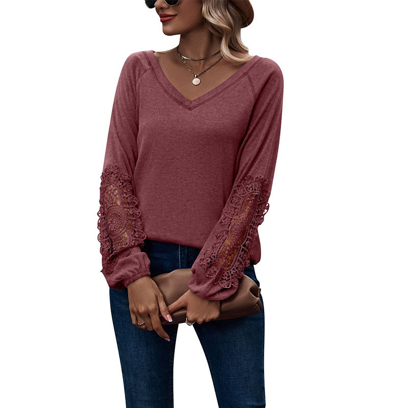 Loose Casual V-neck Lace Lace Long-sleeved