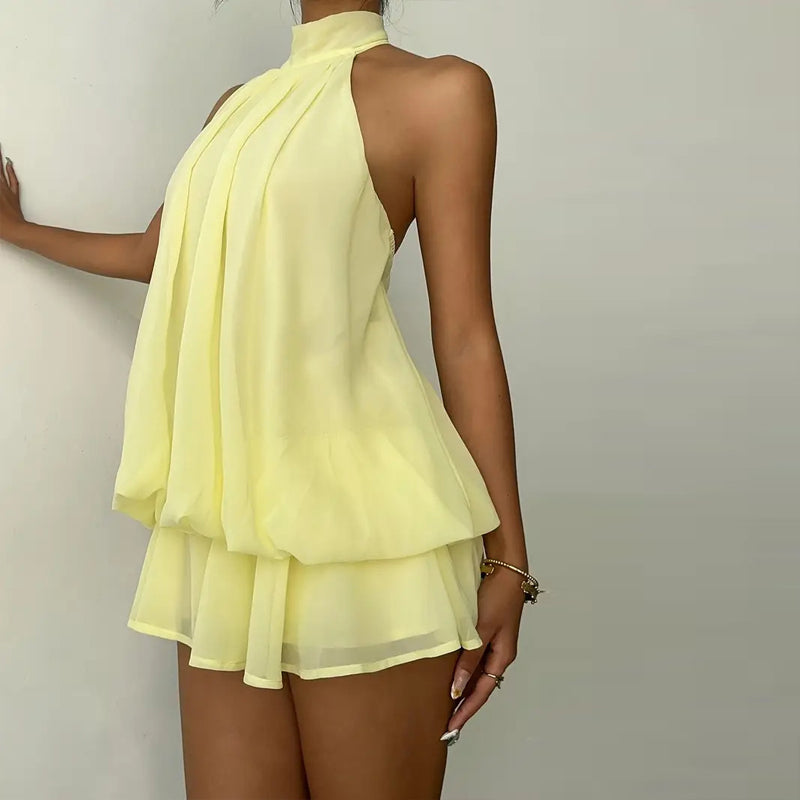 Women's Elegant Halter Mini Dress With Bow Tie Detail Ruffled Design Backless A-Line Summer Dress For Daily & Formal Wear