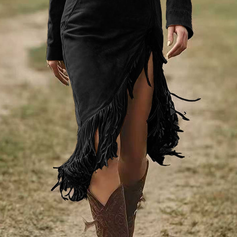 Women's Solid Color Fringe Dress Lapel Collar Half-Zip Bodycon Midi Dress With High Slit For Spring Fall