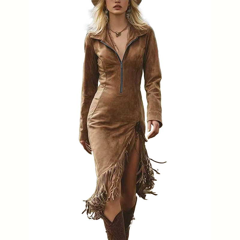 Women's Solid Color Fringe Dress Lapel Collar Half-Zip Bodycon Midi Dress With High Slit For Spring Fall