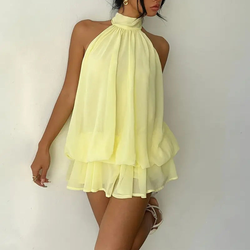 Women's Elegant Halter Mini Dress With Bow Tie Detail Ruffled Design Backless A-Line Summer Dress For Daily & Formal Wear