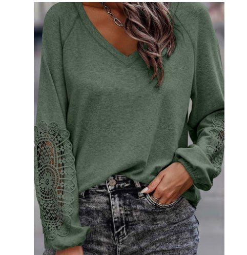 Loose Casual V-neck Lace Lace Long-sleeved