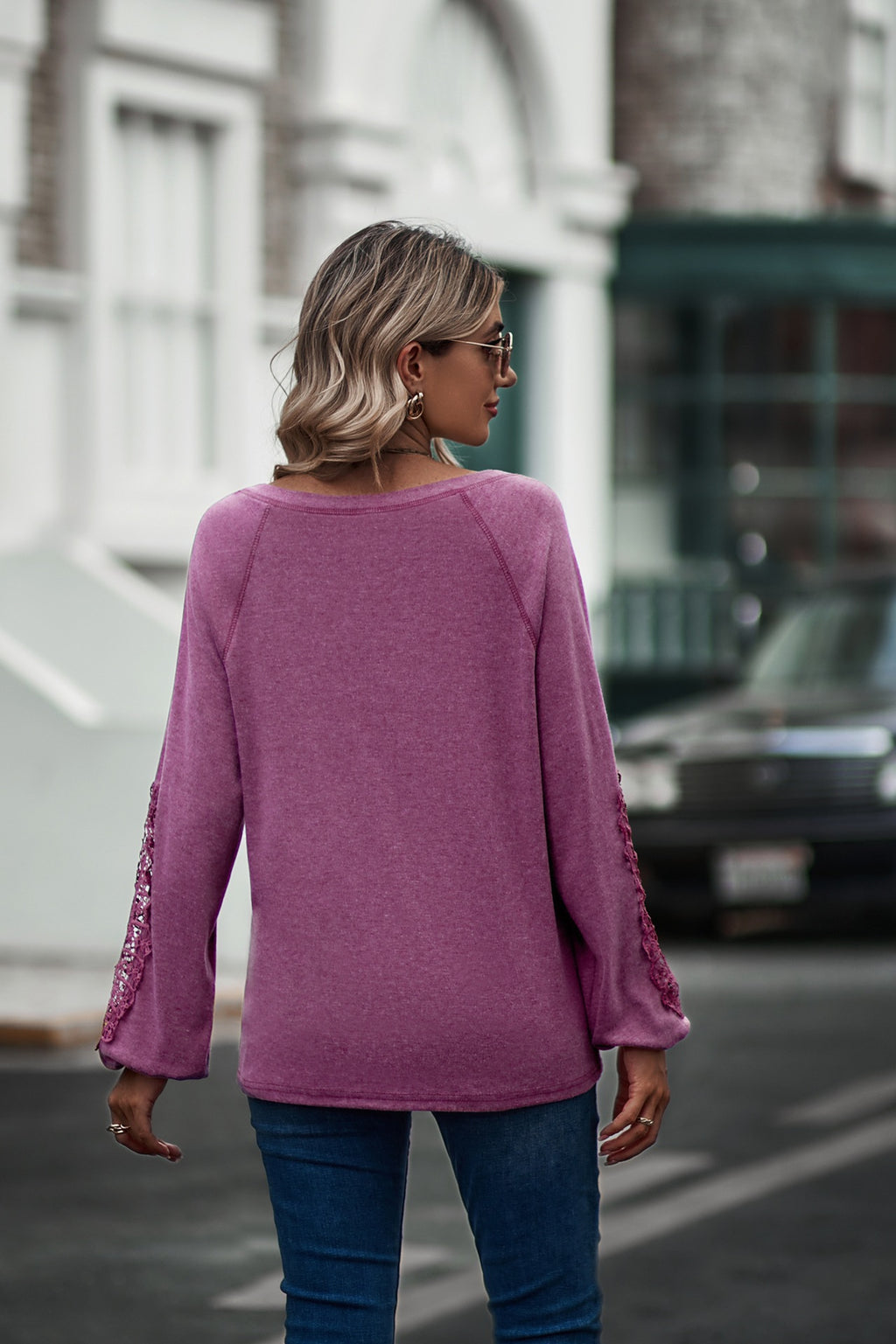 Loose Casual V-neck Lace Lace Long-sleeved