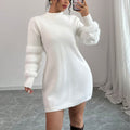 Women's Plush Long Sleeve Mini Dress, Solid Color A-Line Fitted Dress With Faux Fur Trim For Winter Parties