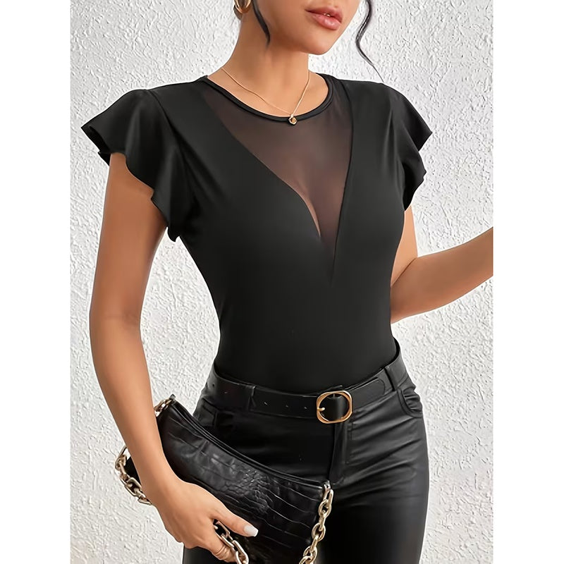 Women Summer Ruffle Tops Sexy Mesh Panel Short Sleeve Shirts Trendy Casual  Slim Fitted Tees Blouse