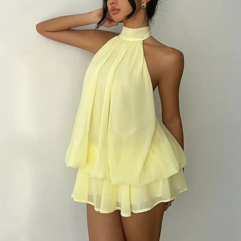 Women's Elegant Halter Mini Dress With Bow Tie Detail Ruffled Design Backless A-Line Summer Dress For Daily & Formal Wear