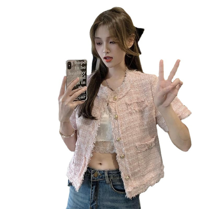 Tweed Tassel Short Versatile Loose Westernized Short Sleeved Shirt