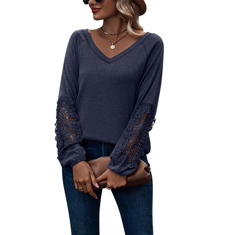 Loose Casual V-neck Lace Lace Long-sleeved