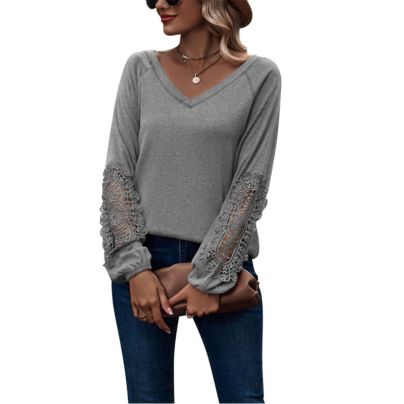 Loose Casual V-neck Lace Lace Long-sleeved