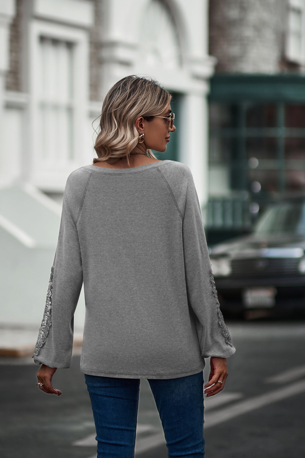 Loose Casual V-neck Lace Lace Long-sleeved