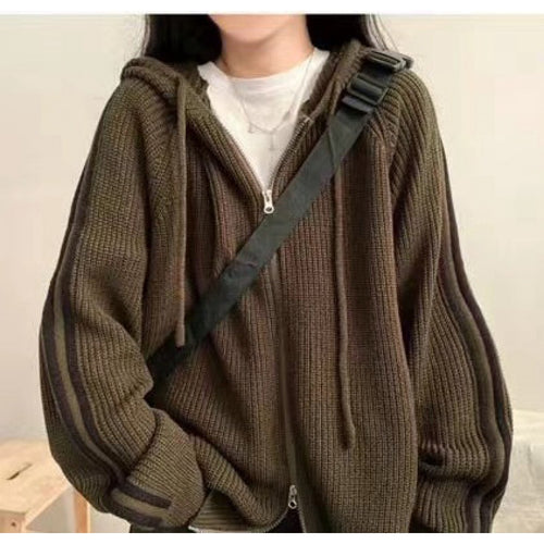 Fashion Temperament Leisure Drawstring Hooded Knit Cardigan Ladies