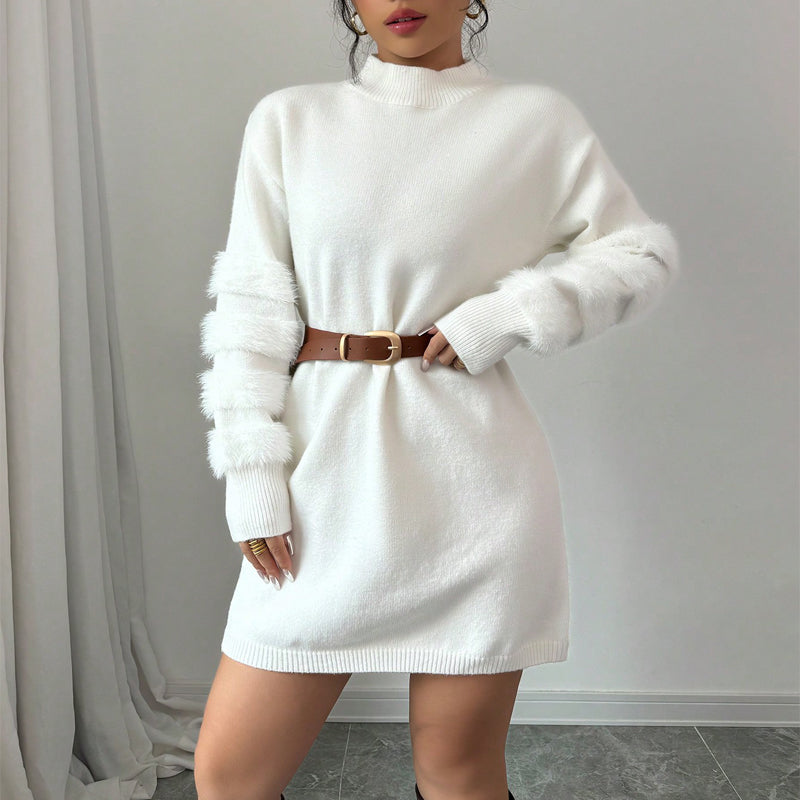 Women's Plush Long Sleeve Mini Dress, Solid Color A-Line Fitted Dress With Faux Fur Trim For Winter Parties