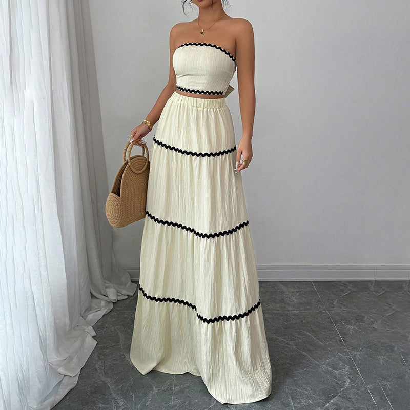 Women's Summer 2-Piece Set, Strapless Tube Top & Flared Ruffle Skirt