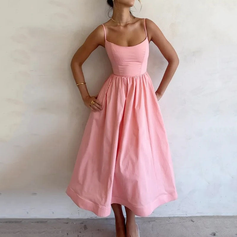 Women's Elegant Sleeveless A-Line Slip Dress, Resort Wear, Sexy Solid Color Long Formal Casual Dress With Low Neckline