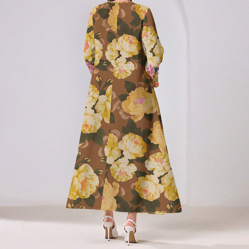 Women's Vibrant Floral Print V-Neck Long Sleeve Maxi Dress Elegant Bohemian A-Line Long Dress