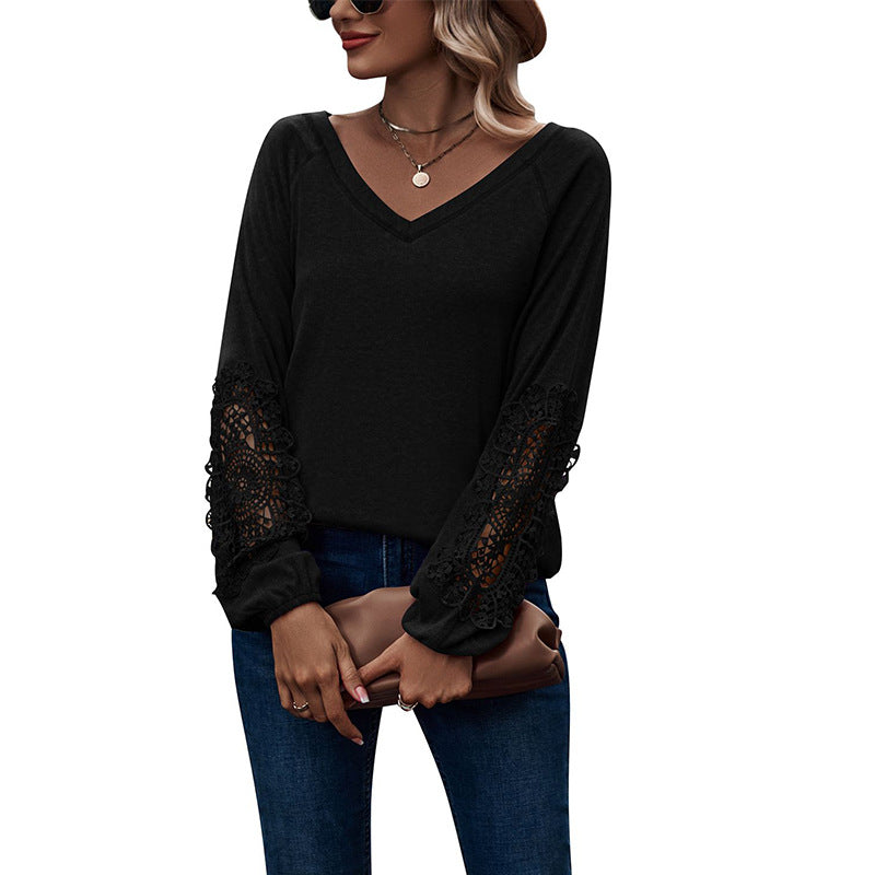 Loose Casual V-neck Lace Lace Long-sleeved