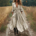 Elegant Women's Fall Dress, Polo Collar Long Sleeve Shirt Dress With Ruffle Tiered Maxi Design