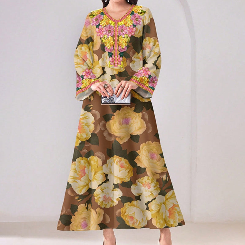 Women's Vibrant Floral Print V-Neck Long Sleeve Maxi Dress Elegant Bohemian A-Line Long Dress